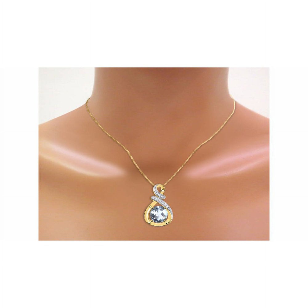 Necklaces for Women Yellow Gold Plated Silver Designer Necklace Gemstone & Genuine Diamonds Pendant 18" Chain 9X7MM Aquamarine March Birthstone Womens Jewelry Silver Necklace for Women