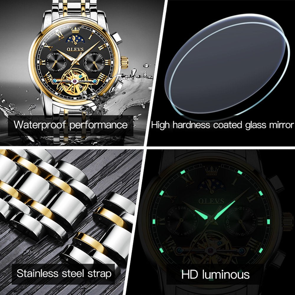 Automatic Watches for Men Skeleton Mechanical Self Winding Luxury Business Dress Mens Watches Moon Phase Day Date Waterproof Luminous Reloj Para Hombre, Gifts for Men, Male Watch 6617