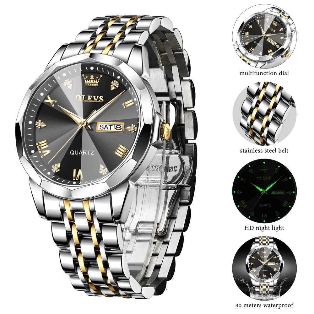 Watch for Men Diamond Luxury Casual Two Tone Stainless Steel Date Quartz Watch Waterproof Luminous, Gifts for Men, Adult Male Wristwatch