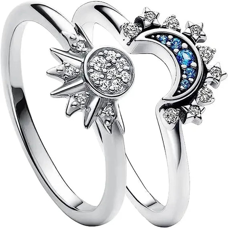 2023 New Couple Ring Set Sky Blue Sparkling Moon and Sun Ring Women'S Stackable Finger Set Engagement Jewelry 2Pc/Set