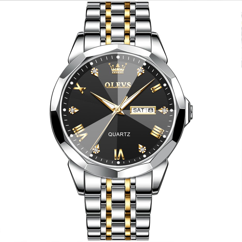 Watch for Men Diamond Luxury Casual Two Tone Stainless Steel Date Quartz Watch Waterproof Luminous, Gifts for Men, Adult Male Wristwatch