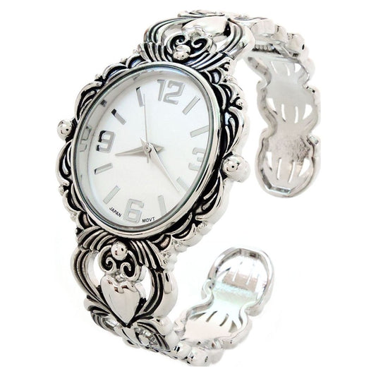 Silver Metal Decorated Large Oval Face Women'S Bangle Cuff Watch
