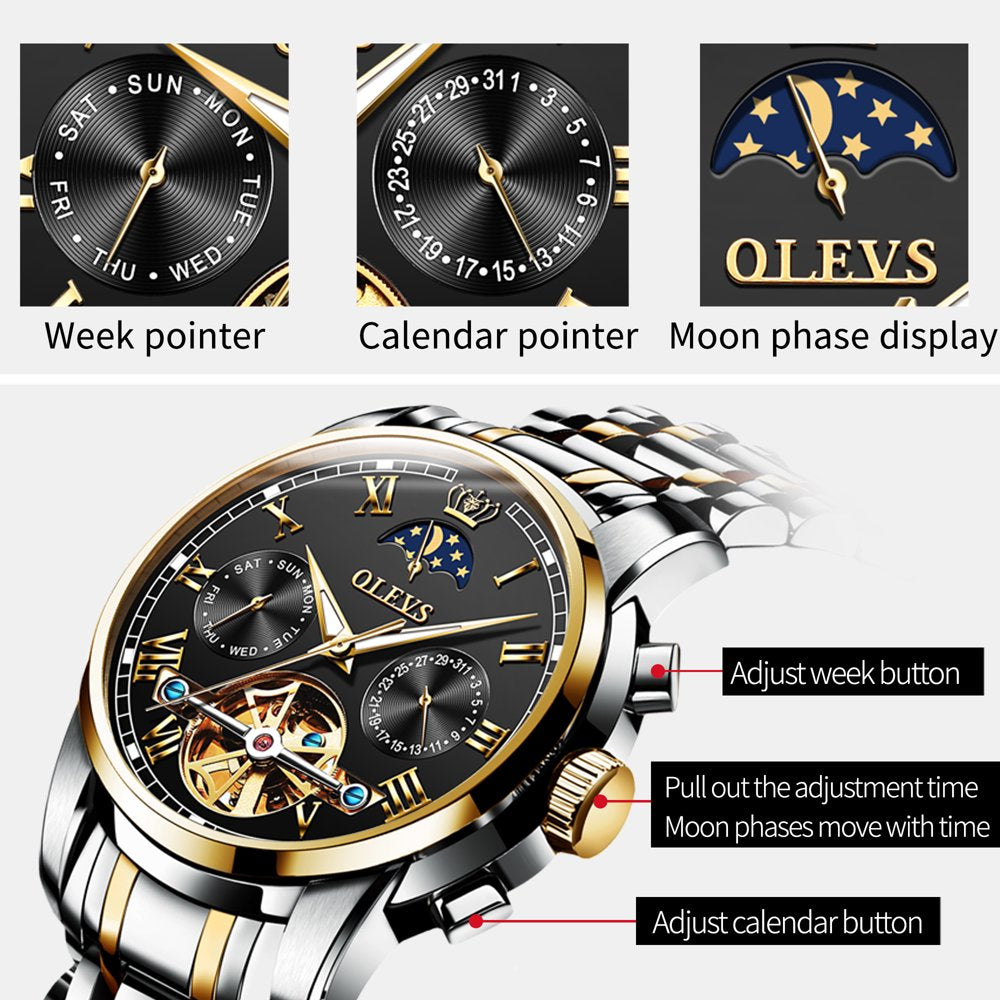 Automatic Watches for Men Skeleton Mechanical Self Winding Luxury Business Dress Mens Watches Moon Phase Day Date Waterproof Luminous Reloj Para Hombre, Gifts for Men, Male Watch 6617