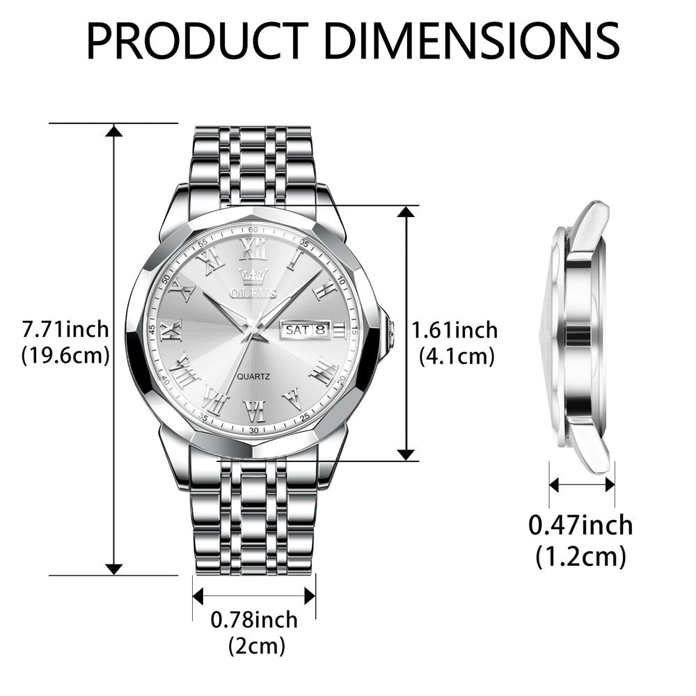 Sliver Mens Watch Large White Face Watch Fashion Stainless Steel Strap Wrist Watches Date Watches for Men Sample Waterproof Watch Easy Read Watches Roman Numerals Watch
