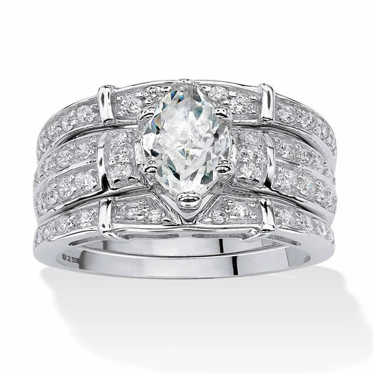 3.05 TCW Marquise-Cut Cubic Zirconia 18K Gold-Plated or Sterling Silver Bridal Engagement Set