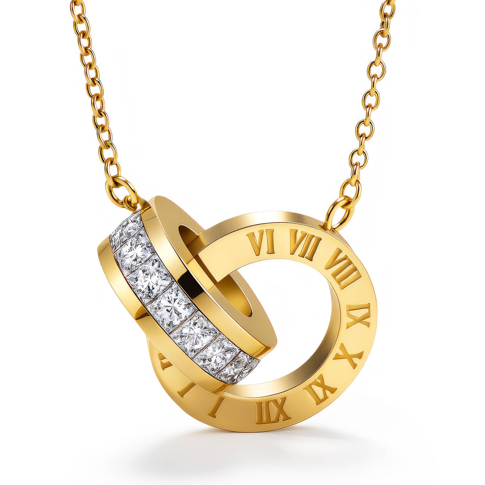 18K Gold Interlocking Ring Roman Numeral Necklace