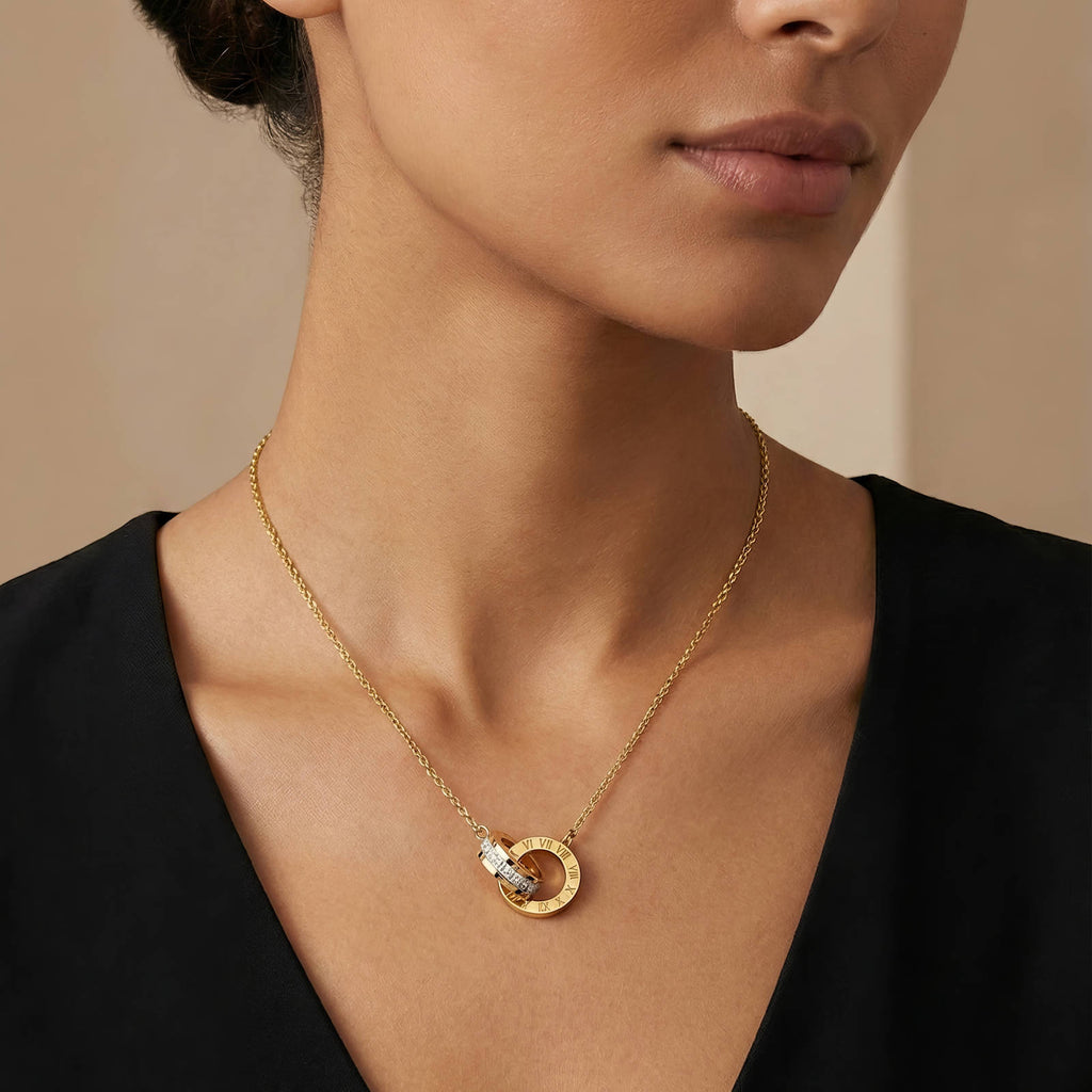 18K Gold Interlocking Ring Roman Numeral Necklace