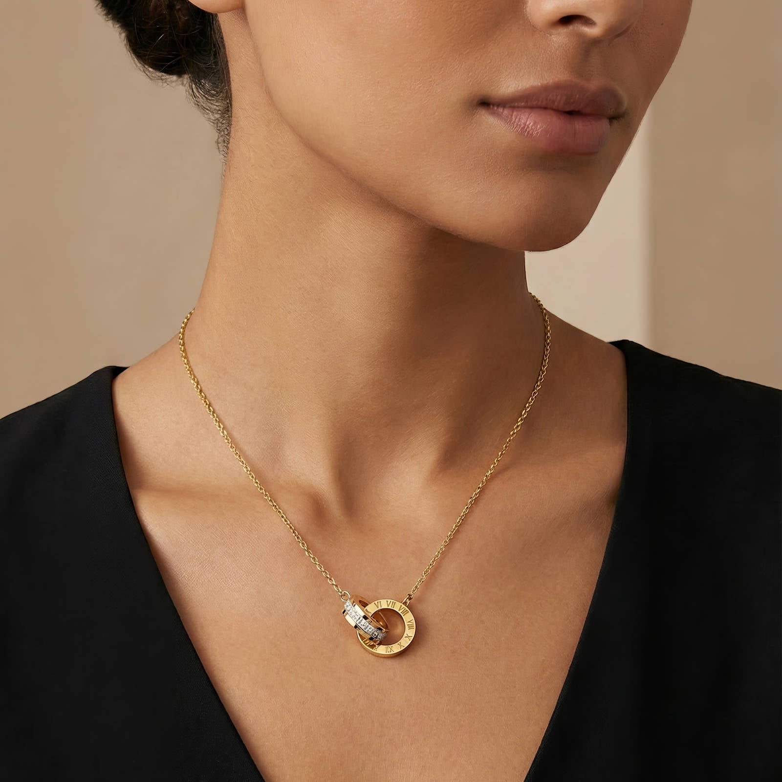 18K Gold Interlocking Ring Roman Numeral Necklace