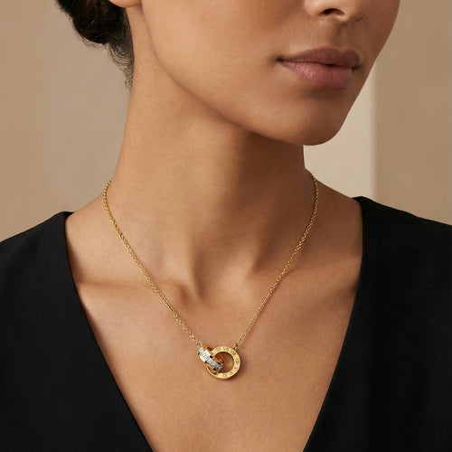 18K Gold Interlocking Ring Roman Numeral Necklace