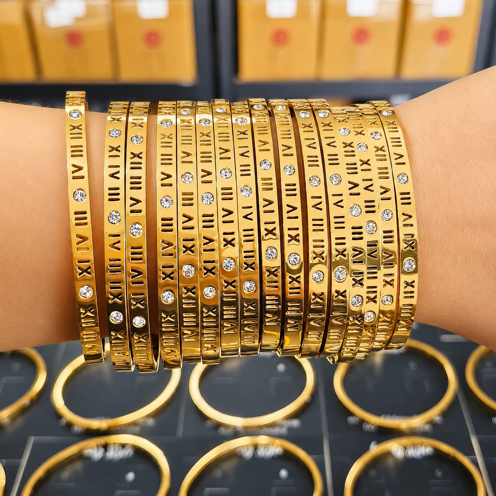 18K Gold Roman Numeral Bangle Bracelet