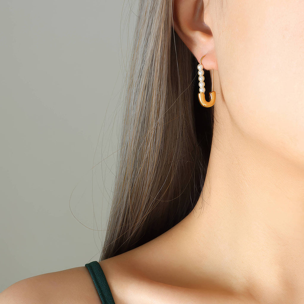 18K Gold Safety Pin Earrings with Pearls