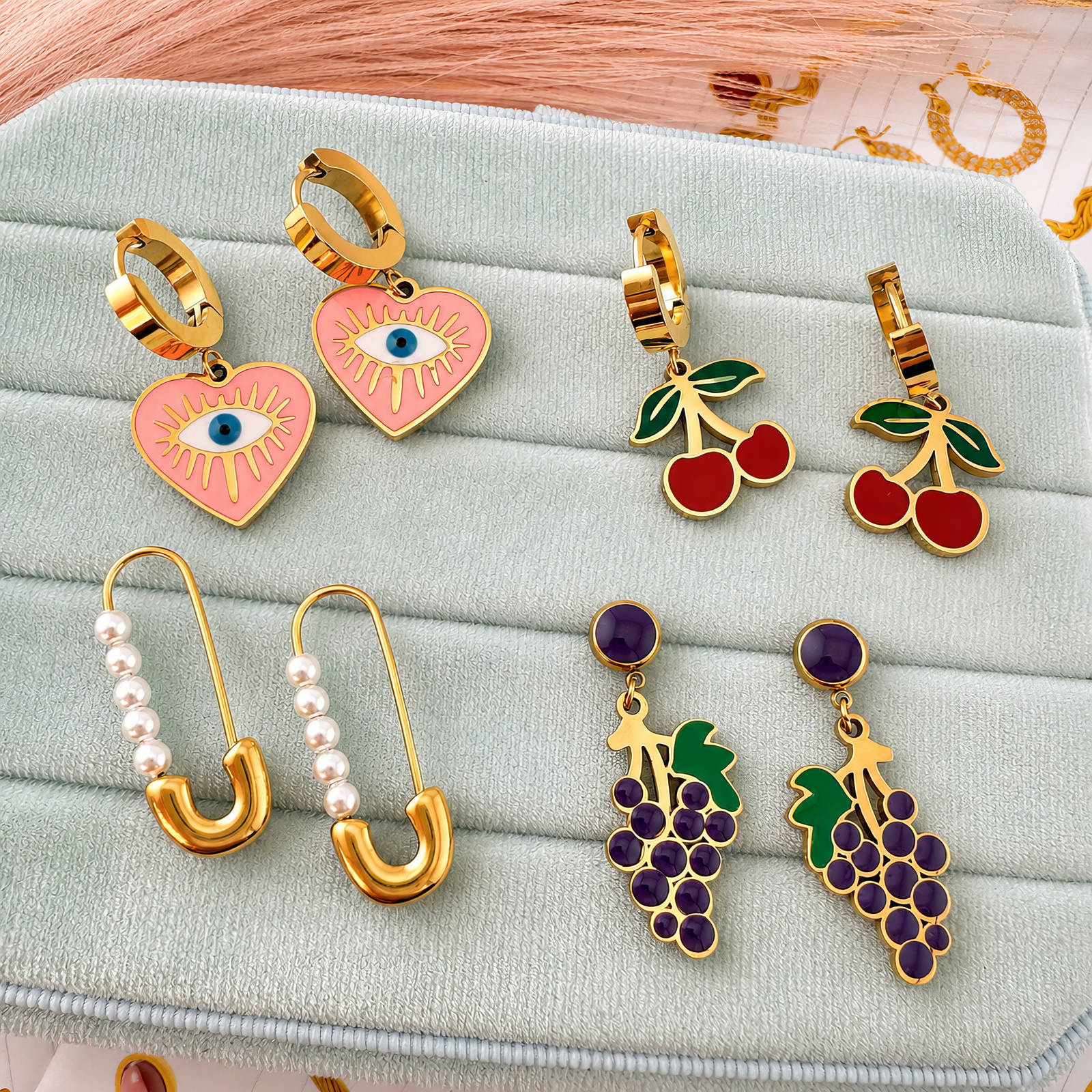18K Gold Safety Pin Earrings with Pearls